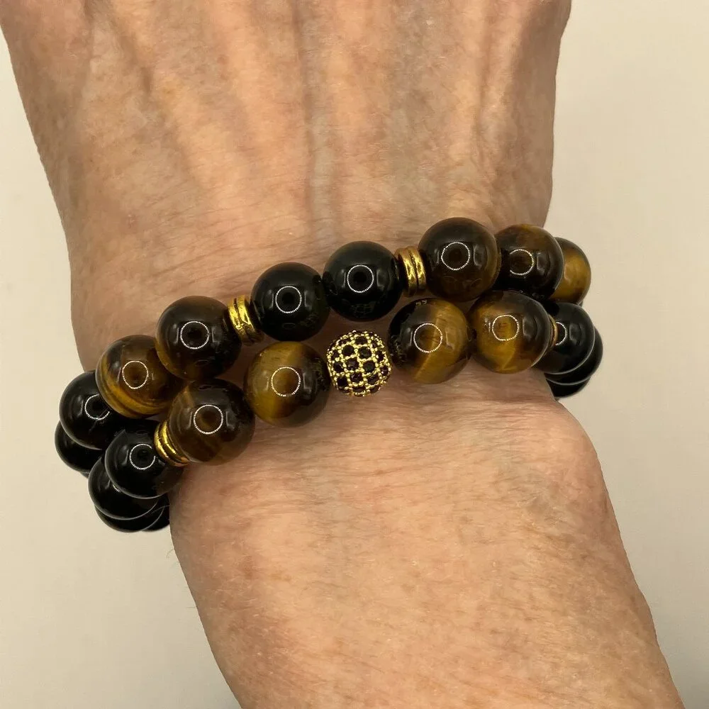 Tiger Eye Cubic Zirconia + Black Agate Gemstone 2-strand Bracelet Brand New